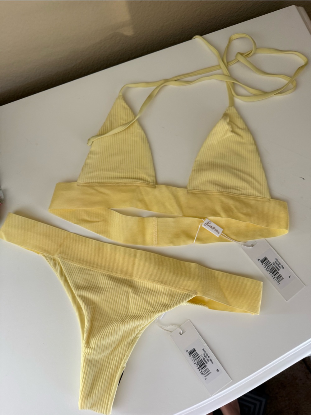 Frankie's Bikinis Soft Yellow Ribbed Triangle Bikini Set